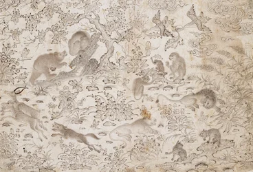 Oiseaux et bêtes dans un paysage fleuri